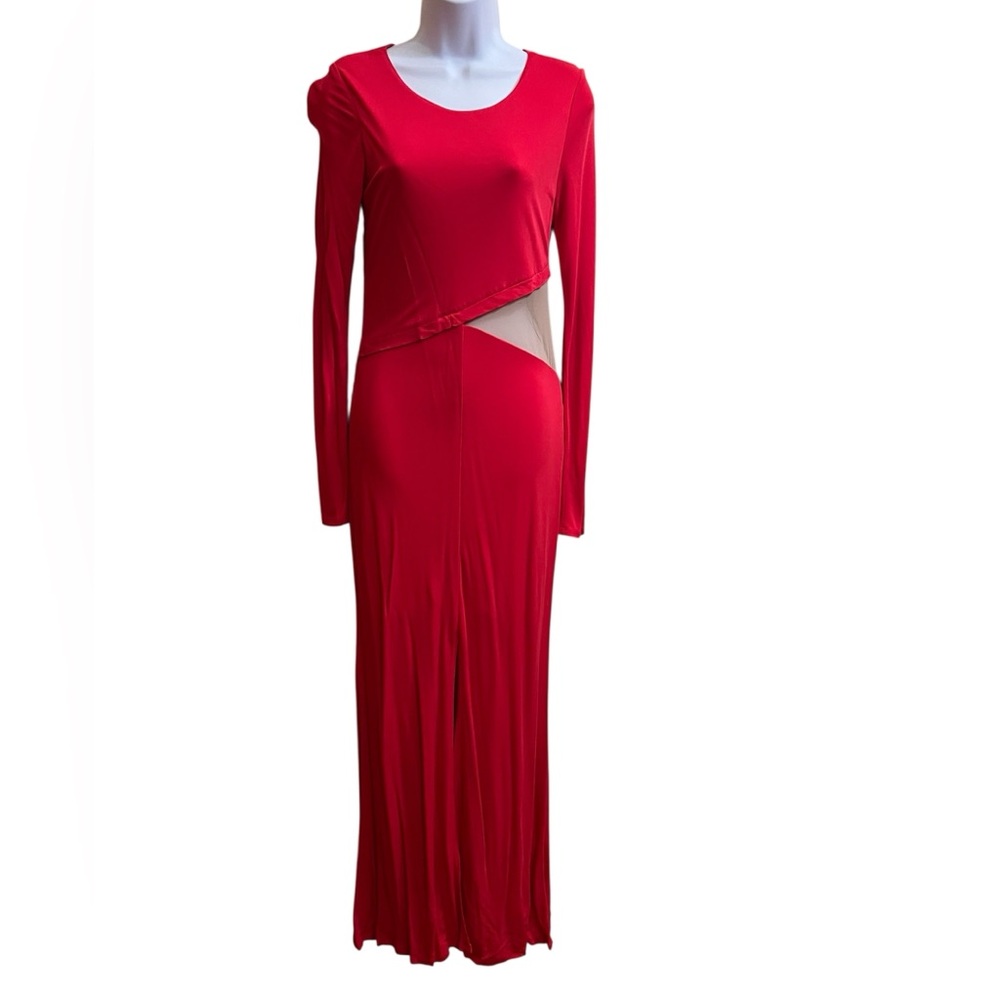 ABS Elegant Red Long Sleeve Dress with mesh back
